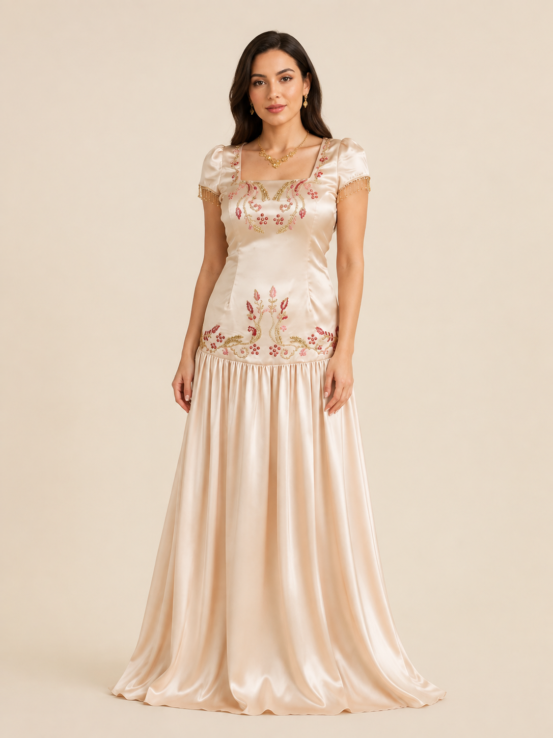 Robe Constellation — jupe fluide brodée — Champagne, photo 1