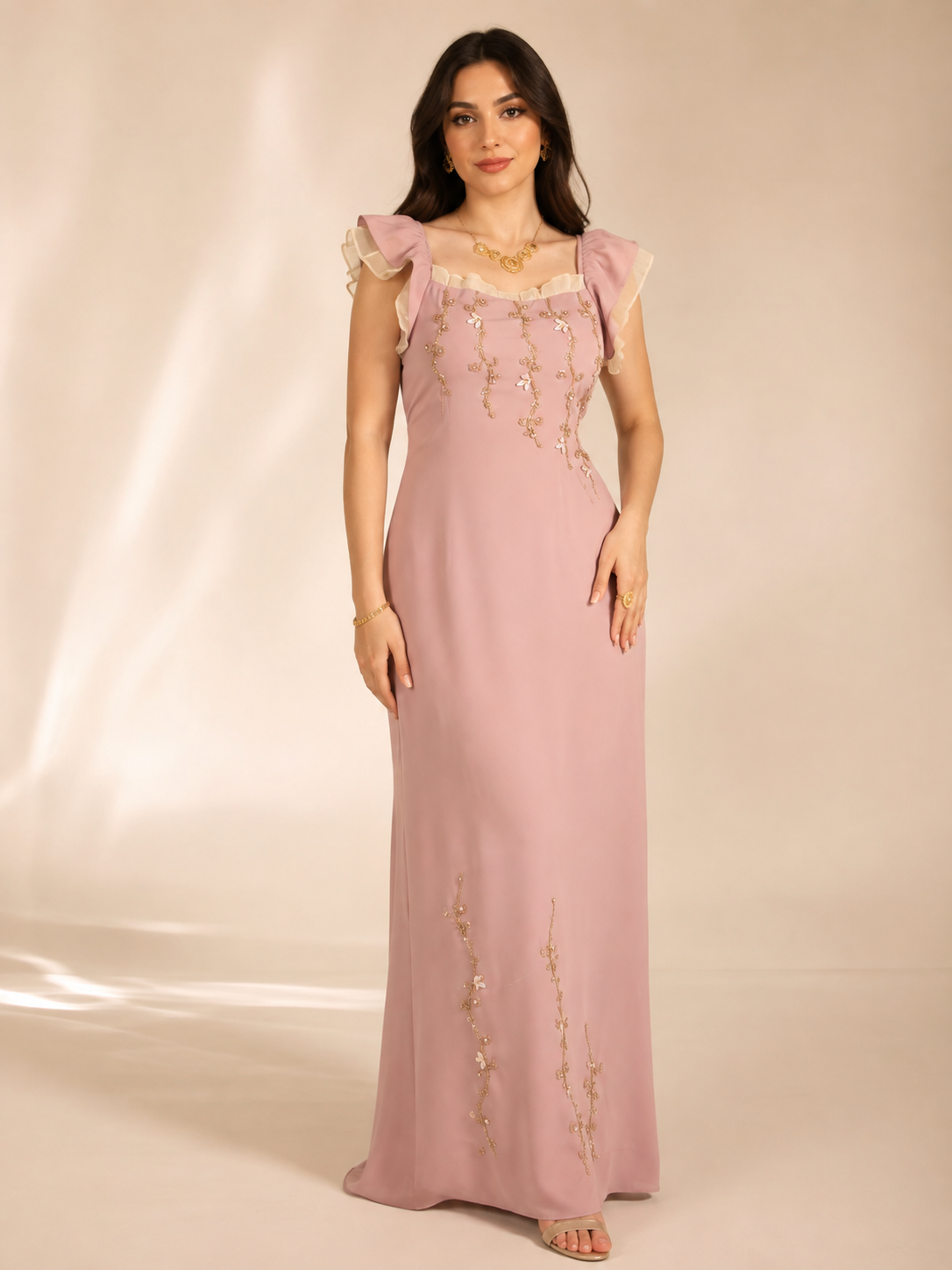 Robe Florale — volants et broderies — Rose poudré, photo 1